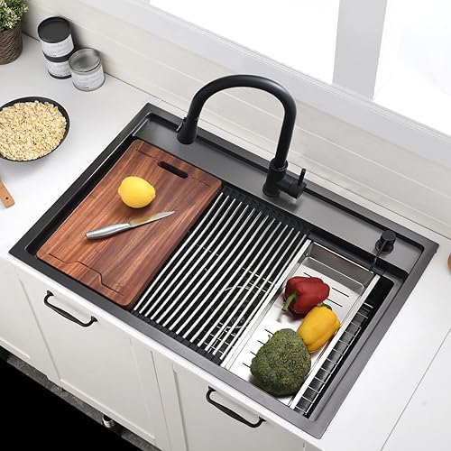 Miniatura 2 de Fregadero de cocina negro de 33 x 22 pulgadas, con protección contra salpicaduras, fregadero de cocina de 33 pulgadas de calibre 16, acero