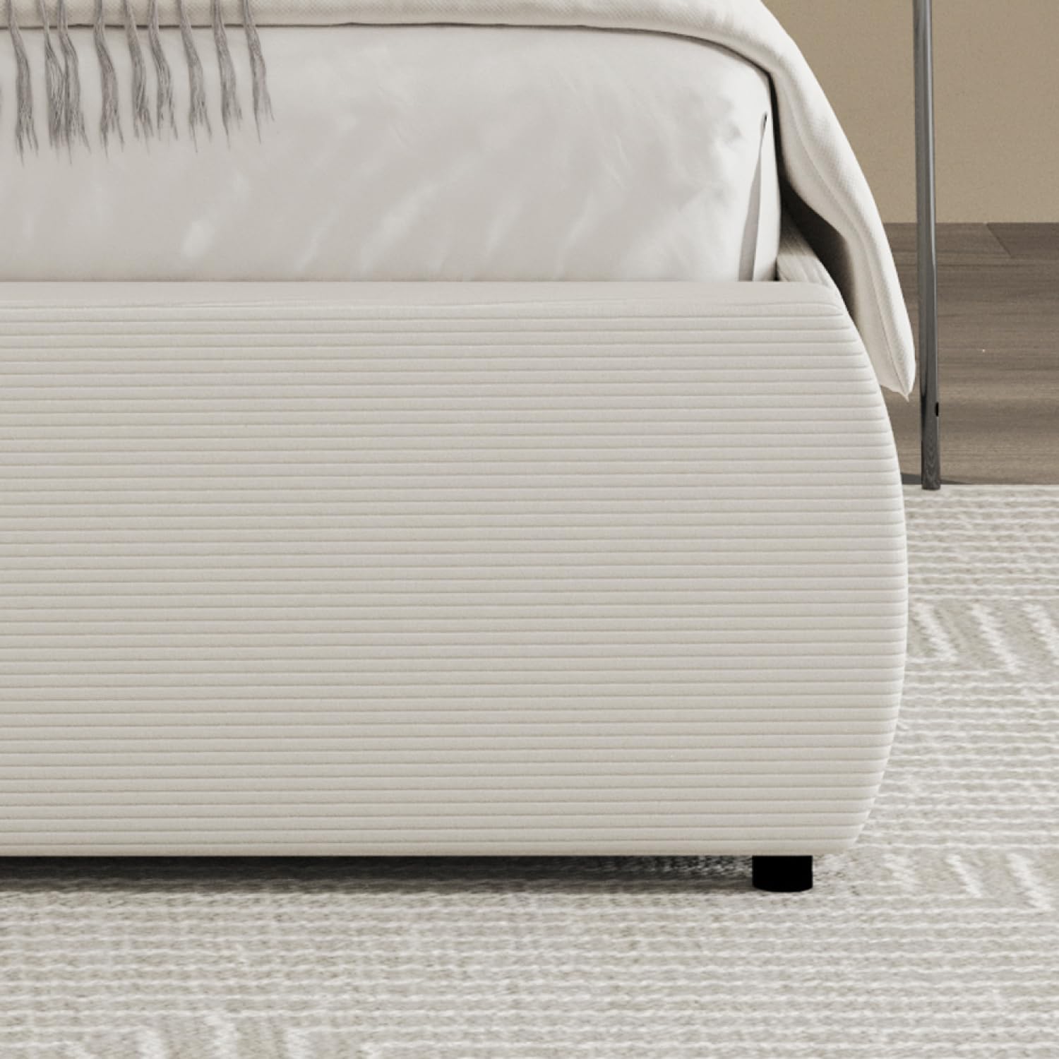 Lit Coffre PLANO 160x200 cm Velours Côtelé Beige Silhouette Arrondie