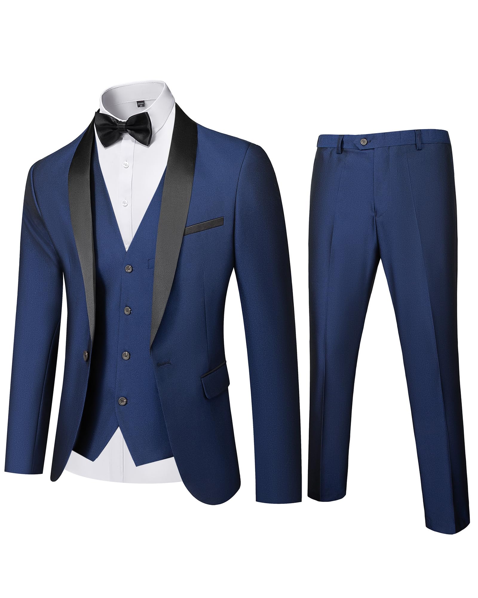 MY'SMens 3 Piece Tuxedo Set with Bow Tie, Shawl Lapel One Button Jacket Vest & Pants, Slim Fit Suit Prom Party Wedding TuxGlobal Recycled StandardGlobal Recycled StandardGlobal Recycled Standard