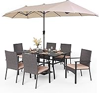 PHI VILLA 7-Piece Patio Dining Set for 6: 60" Rust-Proof Steel Table, Cushioned Rattan Chairs & 13ft UV-Protect Umbrella