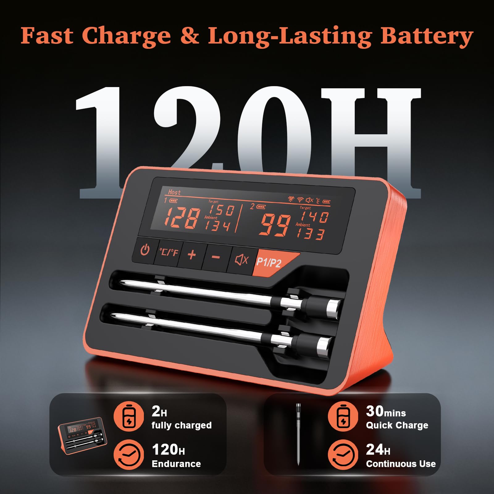 Bluetooth Wireless Meat Thermometer Digital for BBQ Oven Smoker Grill | 800FT Bluetooth Food Thermometer, Standalone Base, 2 Meat Probes, Dual Sensors, NIST Certified Accuracy