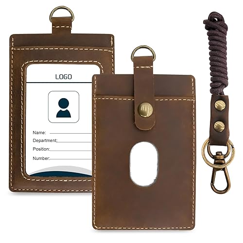 Badge Holder: Boshiho Cowhide Leather ID Badge Card Holder with 19" Neck Lanyard, Vertical Style (Brown)