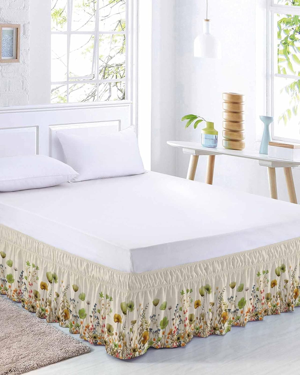 Sage Green Yellow Spring Floral Bed Skirt Queen Size 18 Inch Drop, Elastic Bedskirt Dust Ruffle for Queen Bed, Watercolor Botanical Summer Flowers Wrap Around Bed Skirts Bed Frame Cover