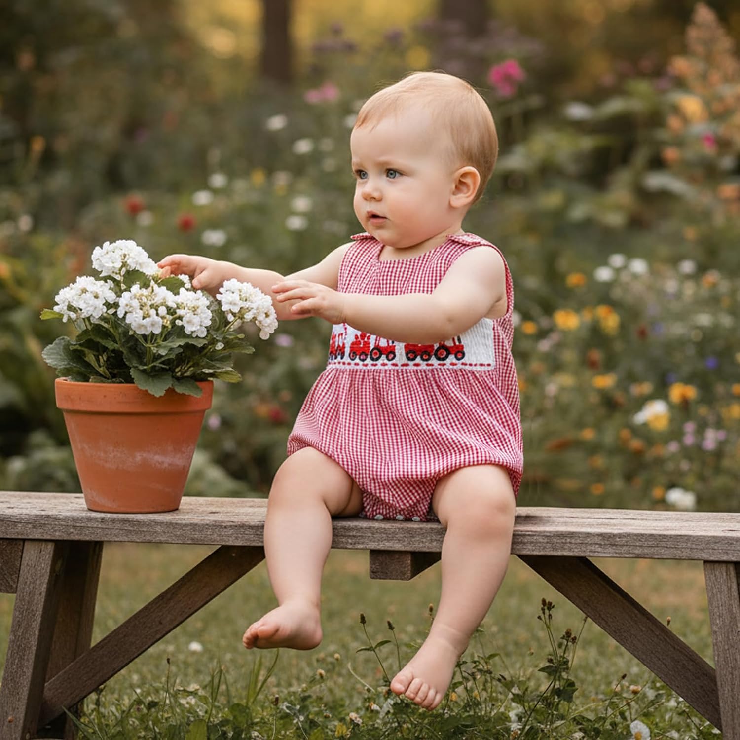 Newborn Baby Boy Valentines Day Outfit Embroidery Sleeveless Smocked Bubble Romper Plaid/Striped Bodysuit Jumpsuit - Image 5