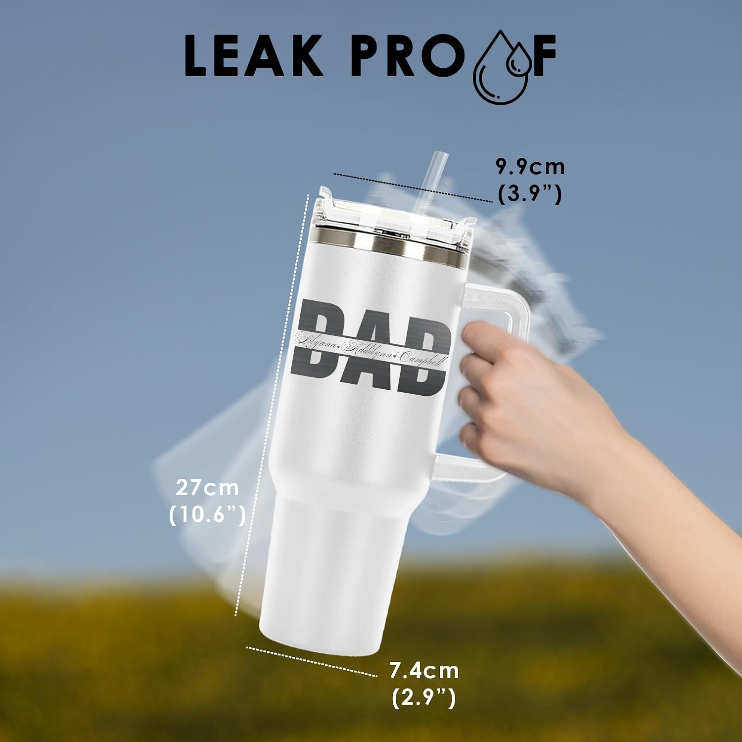 Dad Personalized Laser Engraved 40oz Large Tumbler with Handle, Straw and Lid for Father Daddy Papa from Daughter Son Wife Best Dad Coffee Cup Grandpa Husband Gift, Double Wall Travel Mug