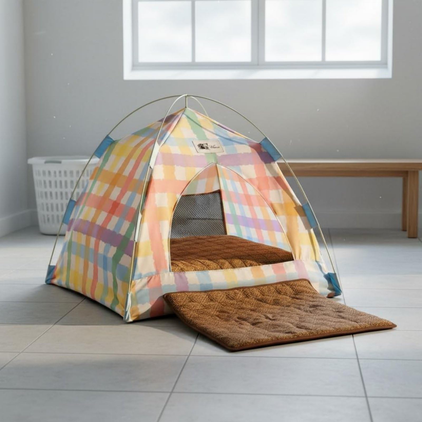 predolo Casa Cueva Mascotas Lavable Veraniego para Interior, XL 63 63 54CM, Tienda De Campaña para Mascotas, Color Dopamina, A Cuadros, con Alfombrilla Refrescante