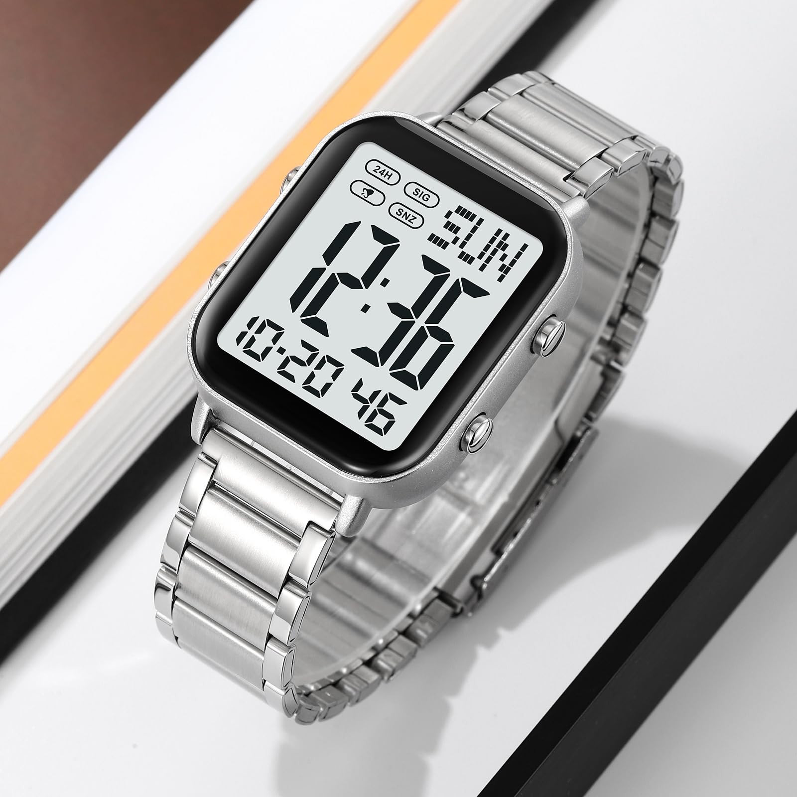 findtime Reloj digital para hombre con números grandes, para personas mayores, negocios, reloj de pulsera digital, correa de metal, reloj de lujo, LED, hora dual, fecha, 12/24 h, cronómetro