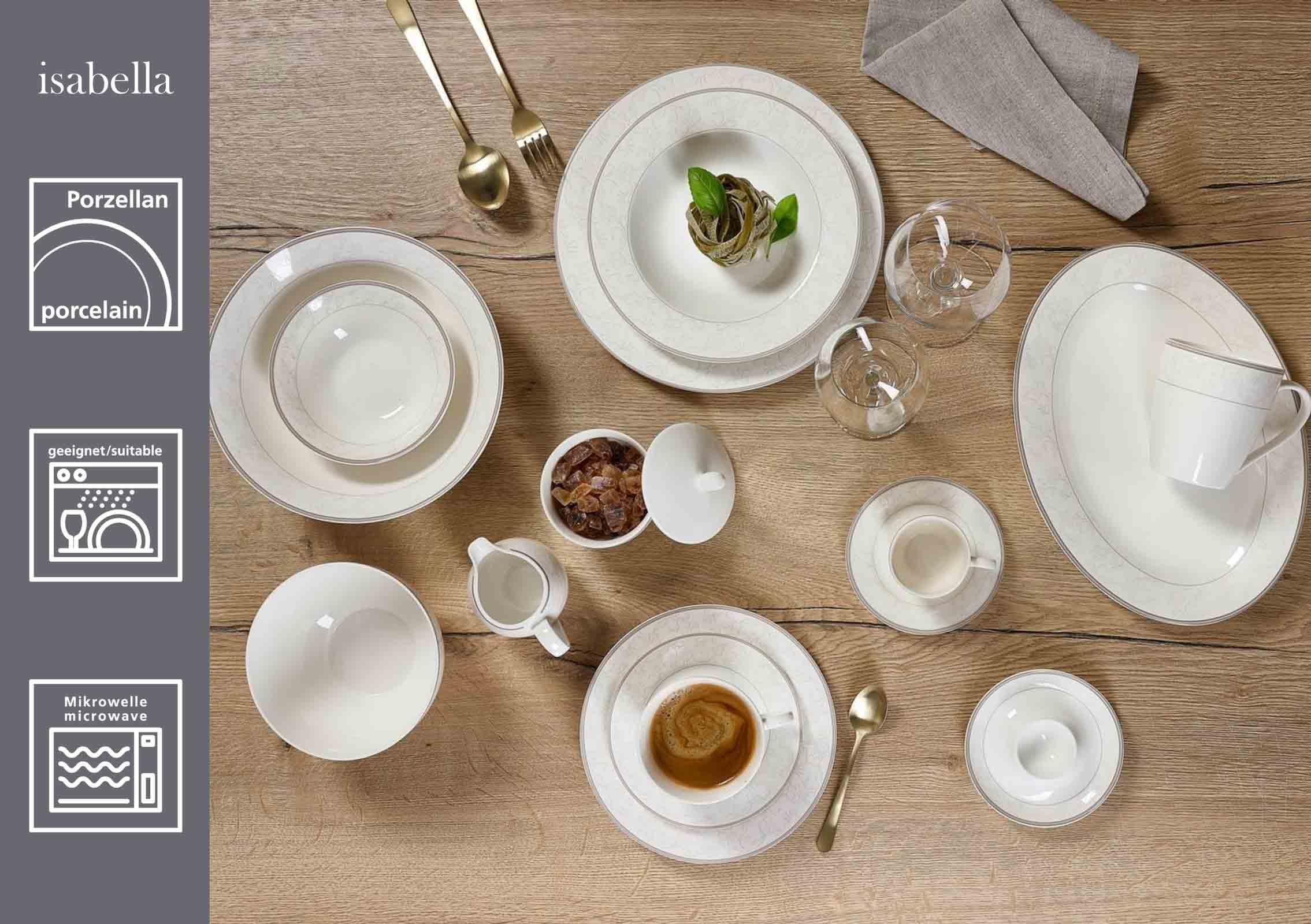 Ritzenhoff & Breker Isabella Espressotassen mit Untertassen 6er Set, 90 ml, Fine-China-Porzellangeschirr, Weiß mit Ornamenten