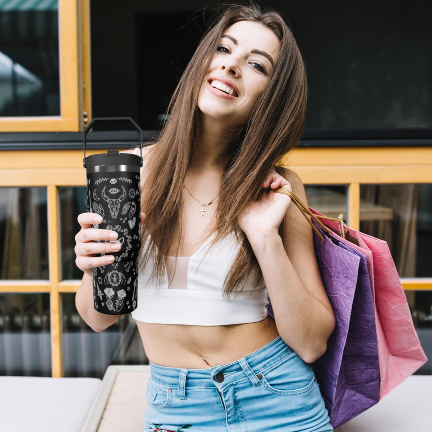 Goth Tumbler with Straw and Lid Gift for Boys Girls Gothic Water Bottle Halloween Travel Kettle Cup for Car Cold and Hot Stainless Steel Double Wall Insulated Mug (cat rose, 30oz) - Image 5