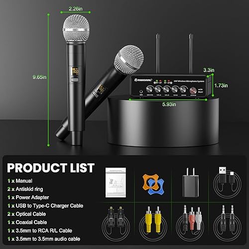 Miniatura 8 de Sistema de micrófono inalámbrico de doble canal, juego de micrófono inalámbrico de mano con eco/música Bluetooth/ajuste de volumen, micrófono