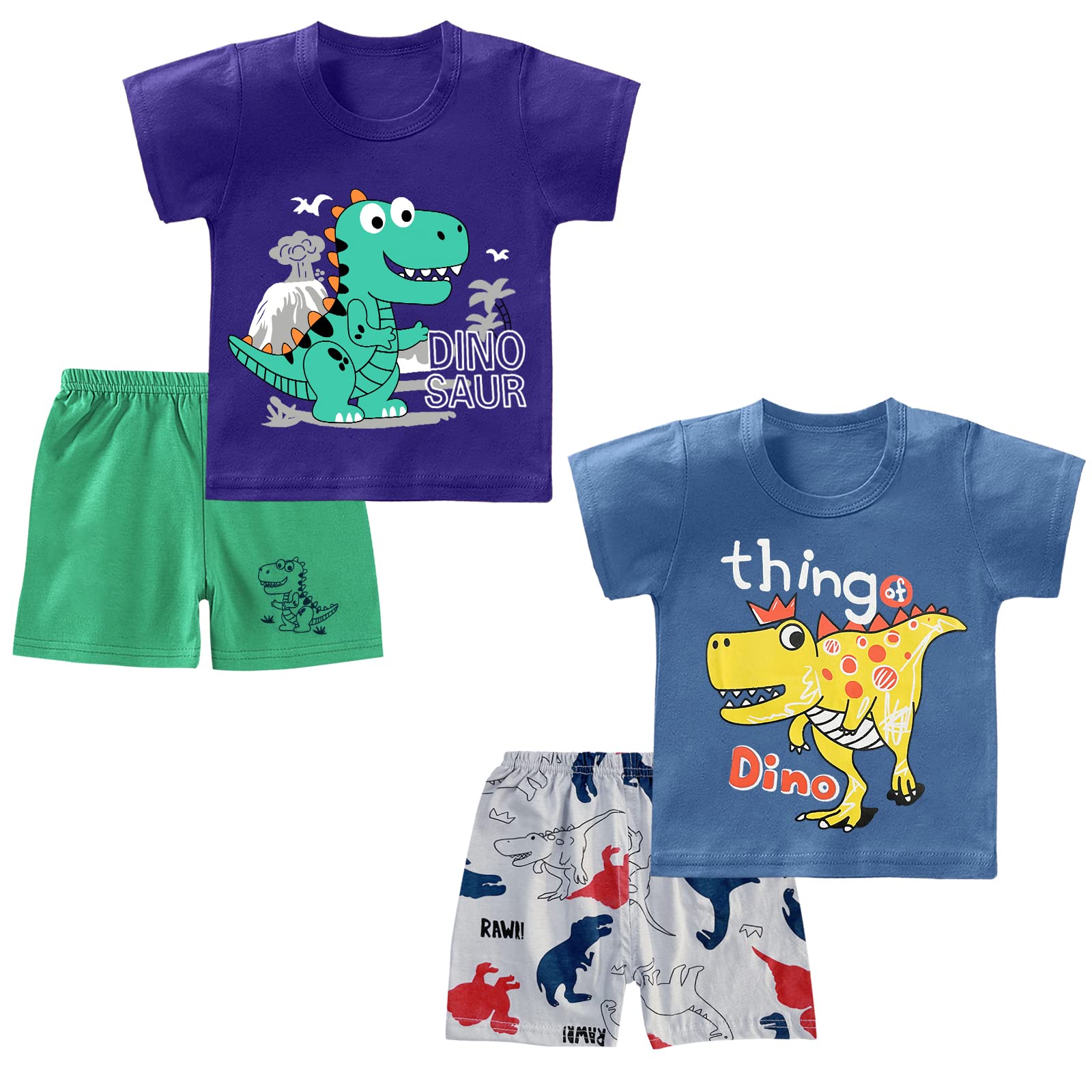 Kumary Toddler Boys Short Sleeve T-Shirt and Shorts Set 2 Pack Cotton Summer Clothes Dinosaur Truck Kids Outfit Set 2-6 Year