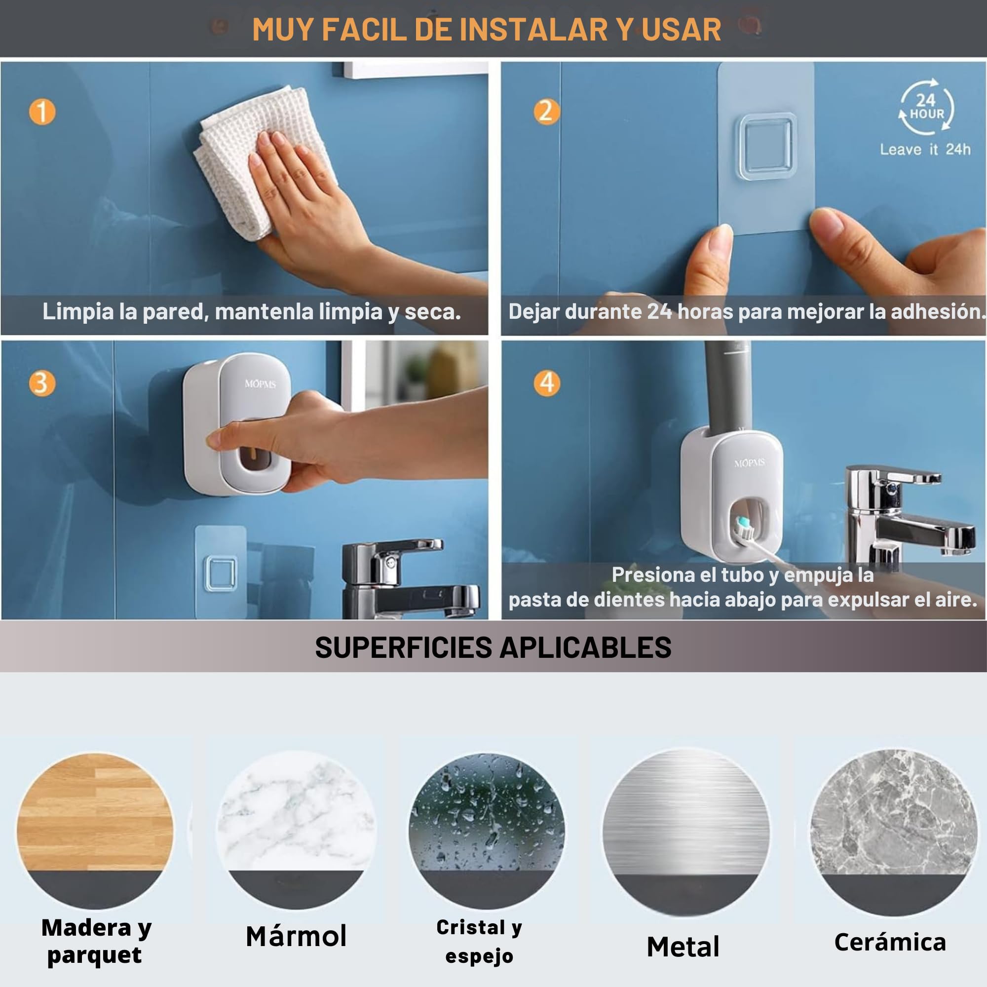 smartia - Dispensador de Pasta de Dientes de Diseño Moderno, Adhesivo fácil de poner en la pared, Exprimidor Pasta de dientes, Apto en todas las superficies, Resistente a agua y humedad (Blanco)