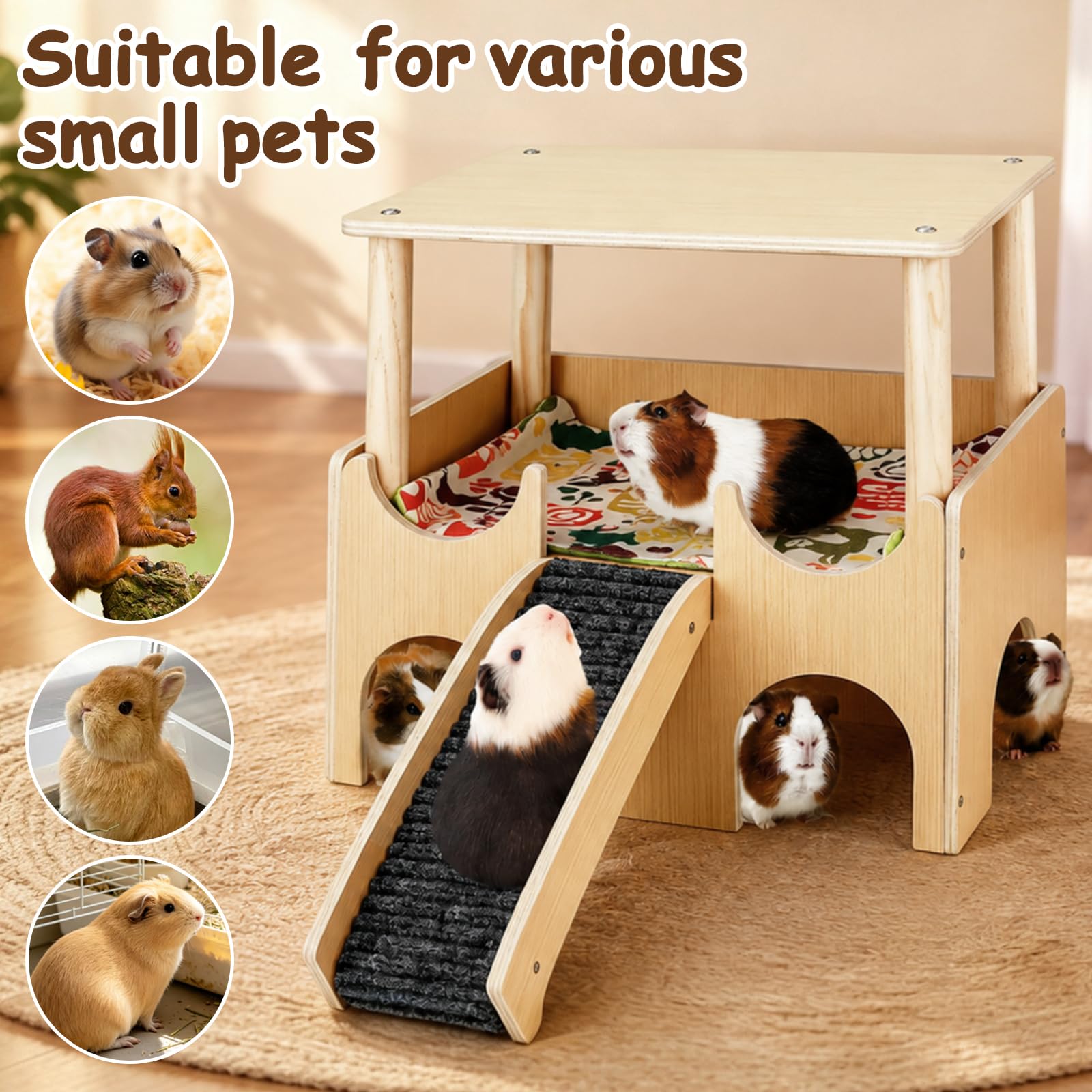 Meerschweinchen Haus aus Holz - Mit Treppe Rampe meerschweinchen Spielzeug Zubehör, Hamsterhaus Hasenhaus Kleintierhaus für Kleintiergehege, Kaninchenhaus gehege Hängematte Käfig