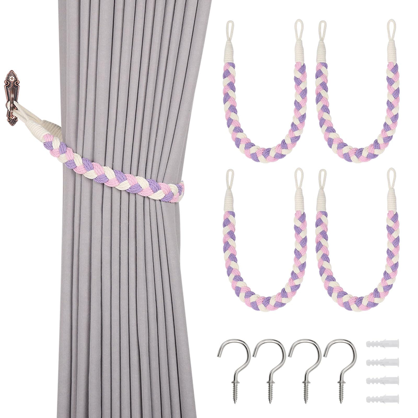 Pretty Jolly 4 Pack Natural Cotton Rope Curtain Tiebacks Elegant Boho Style Decorative Drape Tie Backs Soft Hand-Woven Rope Curtain Holdbacks with Metal Hook for Home & Office Drapery (Purple & Pink)
