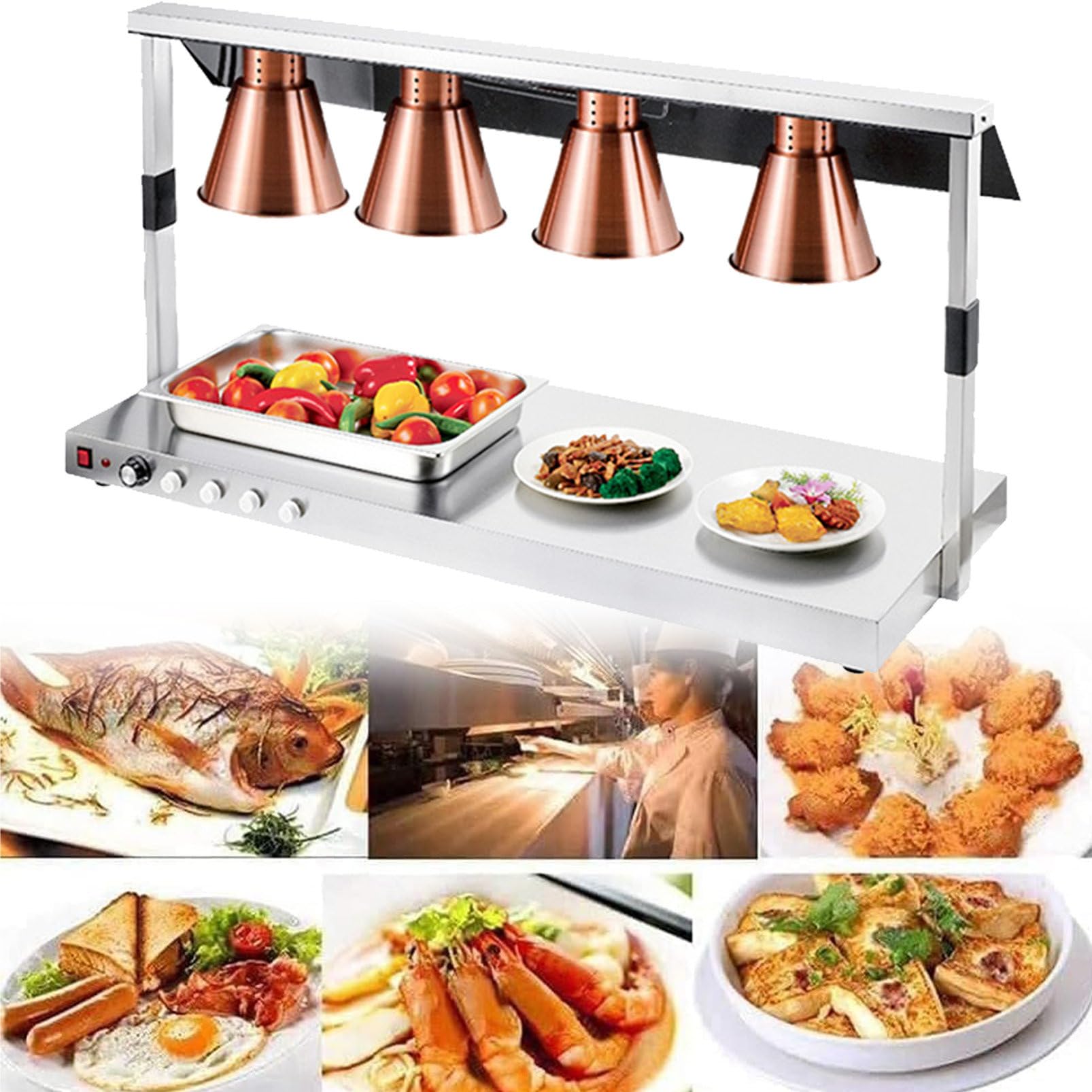 Lampada Riscaldante per Alimenti A 1/2/3/4 Testa, Lampada Riscaldante per Pizza A Buffet, Piano da Tavolo in Acciaio Inossidabile Commerciale, per Mantenere Il Cibo Caldo,Bronze-fourheads