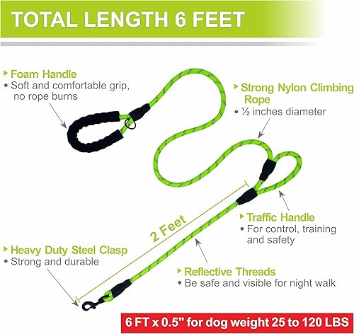 Dog Leash Heavy Duty 6ft, Double Handle Dog Leash with Padded Handle for Traffic Control, Reflective Rope Leashes for Large and Medium Dogs Control Safety Training at Night (Pink)(Green (25 to 120 lbs))