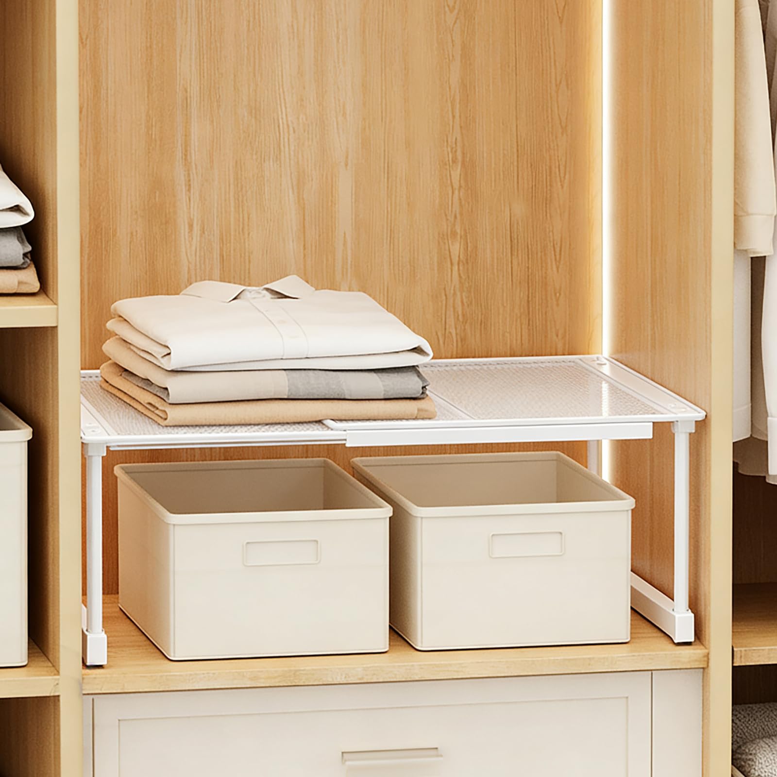 Expandable Closet Cabinet Shelf Adjustable Wardrobe Clothes Storage Rack Stackable Counter Organizer for Bathroom Kitchen Pantry, White（1Pcs）