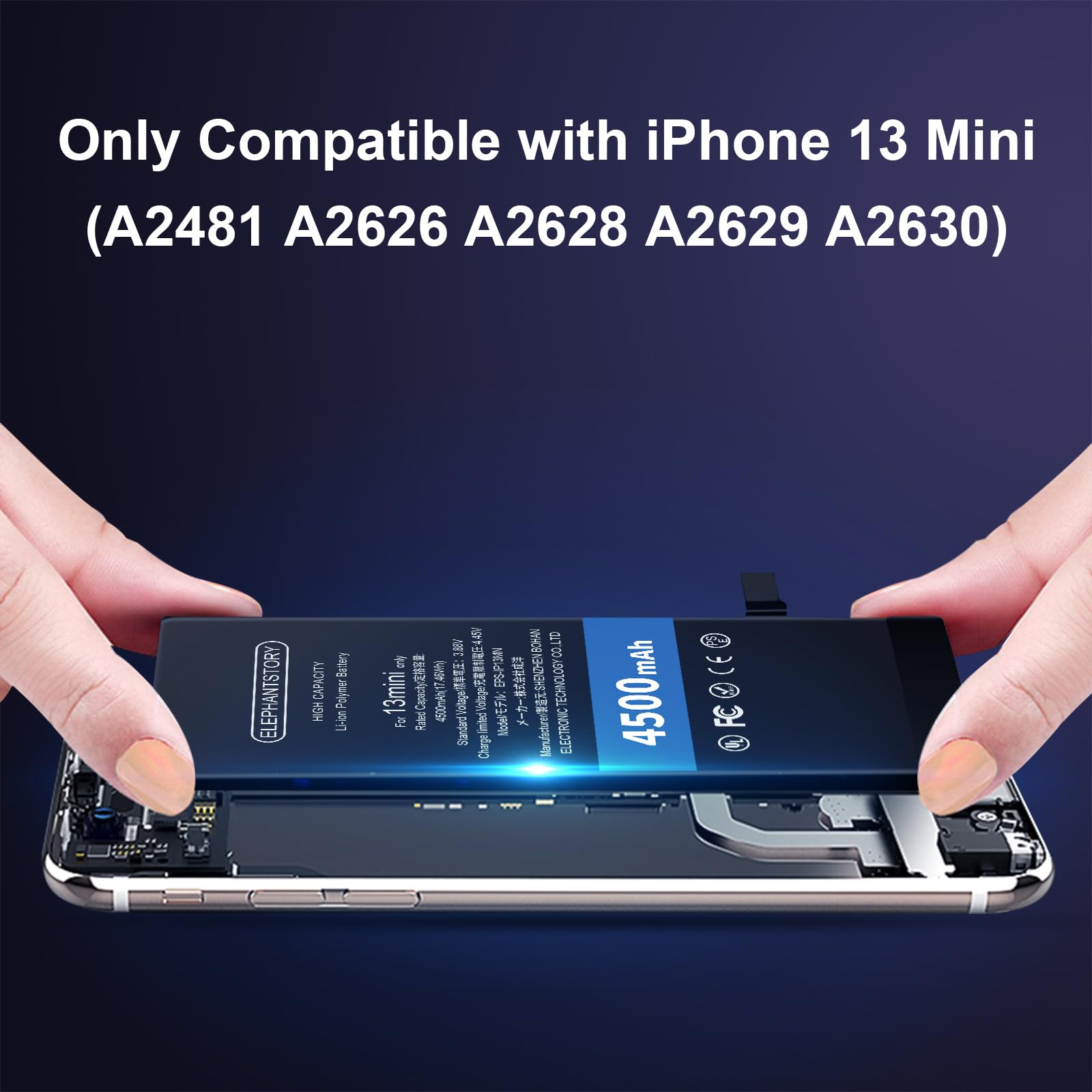 Elephantstory Batteria per Phone 13 Mini, 4500 mAh Alta Capacità 0 Cicli Batteria ai Polimero di litio con Kit di Strumenti di Riparazione e Guida