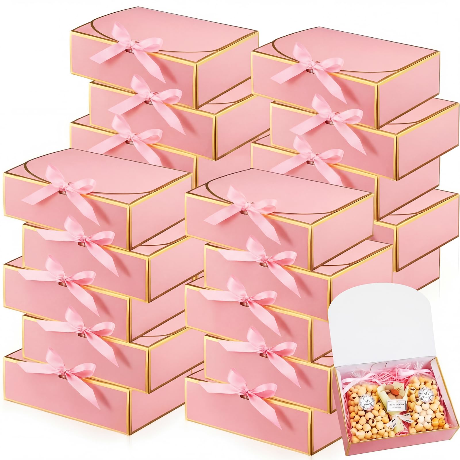 Jaloro 20 Pack Pink Gift Boxes with Lids Bulk 10.6x7.8x3.1inch Pink Gift Boxes with Gold Ribbons Bridesmaid Proposal Box for Presents, Wedding, Birthday, Valentine's Day, Baby Shower, Anniversary