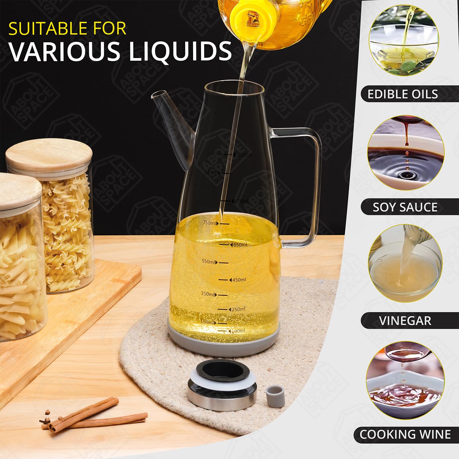 ABOUT SPACE Glass Oil Dispenser 1 Litre with Stainless Steel Cap, Silicone Base, Measurement, Drip-proof Hawk with Dust Cap, Leak-proof Oil Bottle for Kitchen, Upto 300°F Easy to Refill Oil Container - Image 4 thumbnail