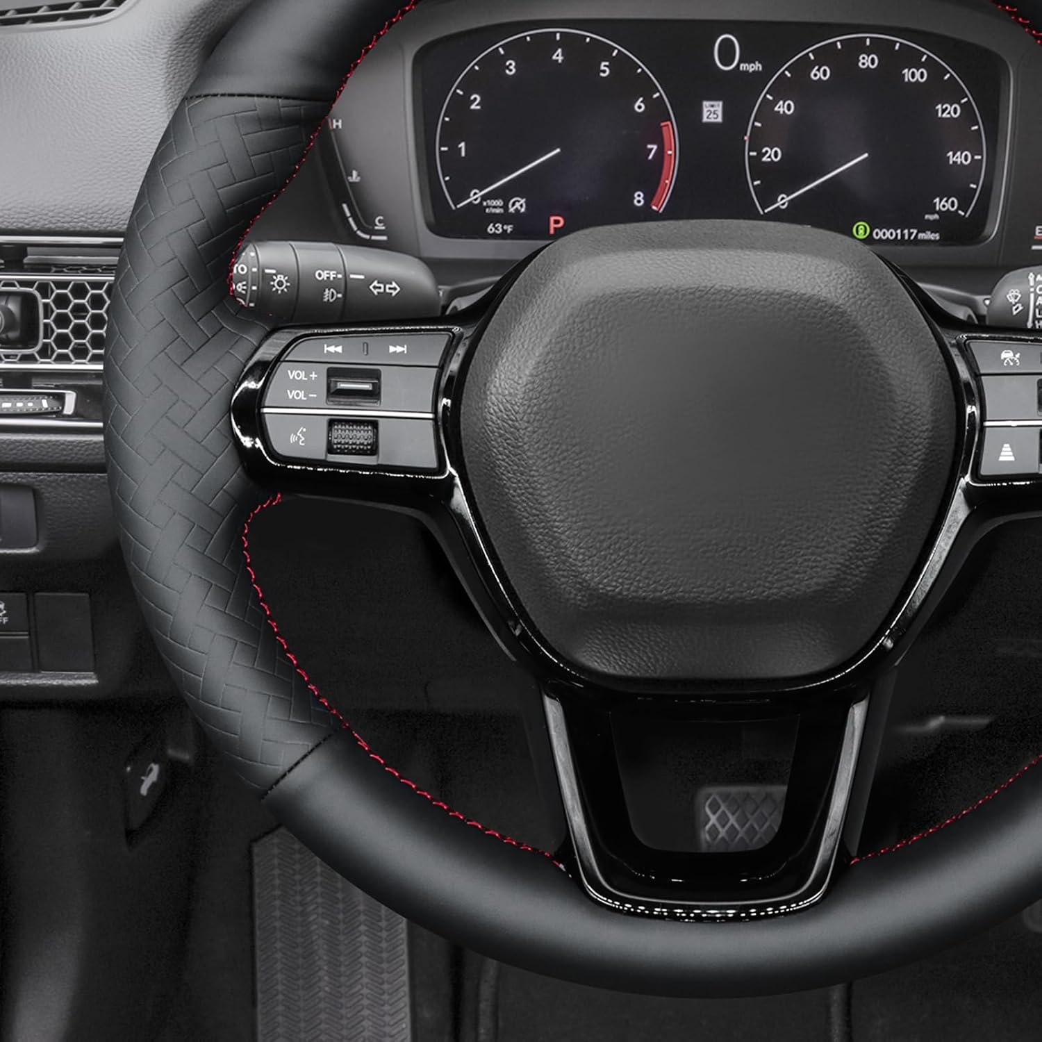 MEWANT Hand Stitch Black Solid Woven Embossed Artificial Leather Steering Wheel Cover for Honda Civic 11 XI 2021-2022