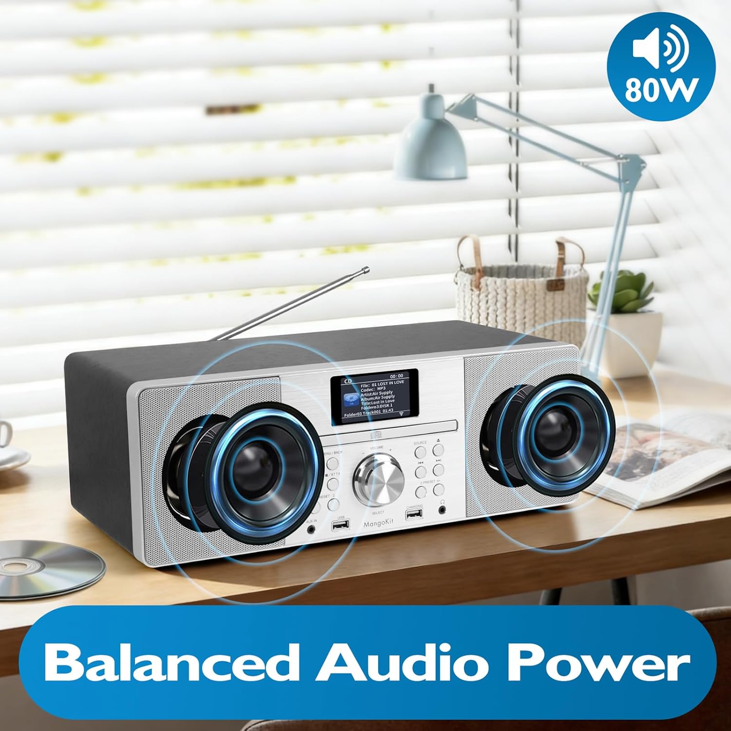 MS1 CD Player, FM Radio, Bluetooth Streaming, Powerful Stereo HiFi System, Full Colour Display, 60 Presets, Remote, Acoustic Wooden Cabinet, AUX in, USB Playback and Charging, HP Jack, Black