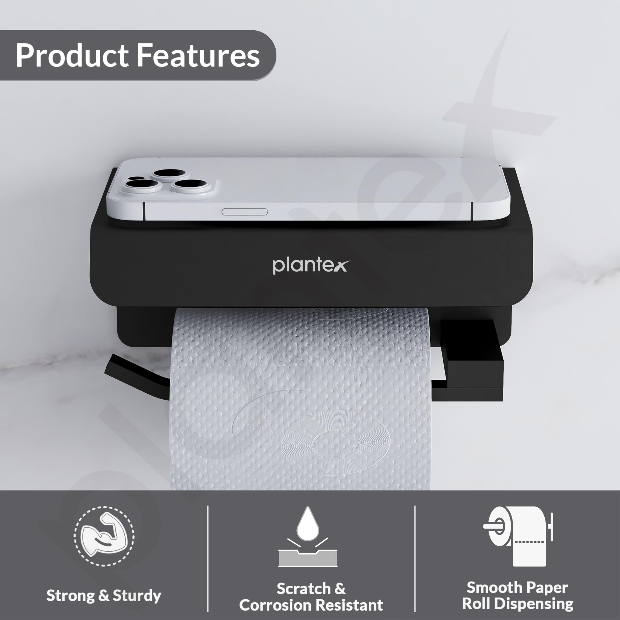Plantex Platinum 304 Grade Stainless Steel Toilet Paper Holder with Mobile Stand/Toilet Paper Roll Holder for Bathroom Accessories (Matt Black)