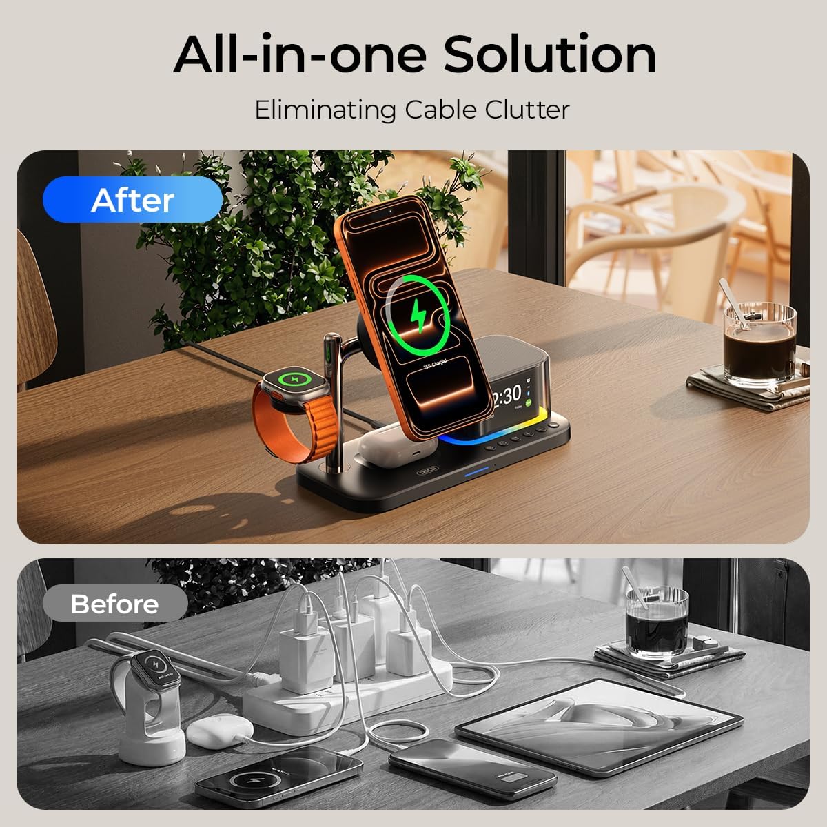 QI2.2 Charging Station for Apple Device【 25W Fast Charging+Cooling Fan】 5in1 Magnetic Wireless Charger with Speaker and Alarm Compatible with iPhone/Watch/AirPod (45W Adapters Included) Black