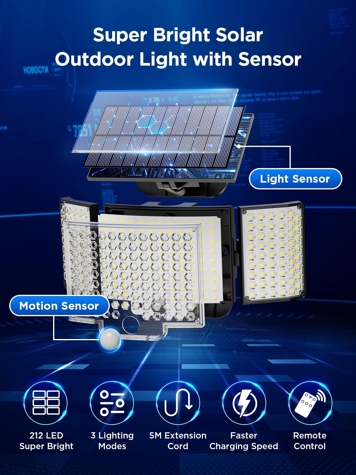 Topabol Faretto LED da Esterno con Sensore di Movimento, 212 LED 3 Modos Lampada Solare da Esterno, IP65 Grandi Luce Solare LED Esterno, 340° Illuminazione (2 Pezzi - Bianco Caldo)