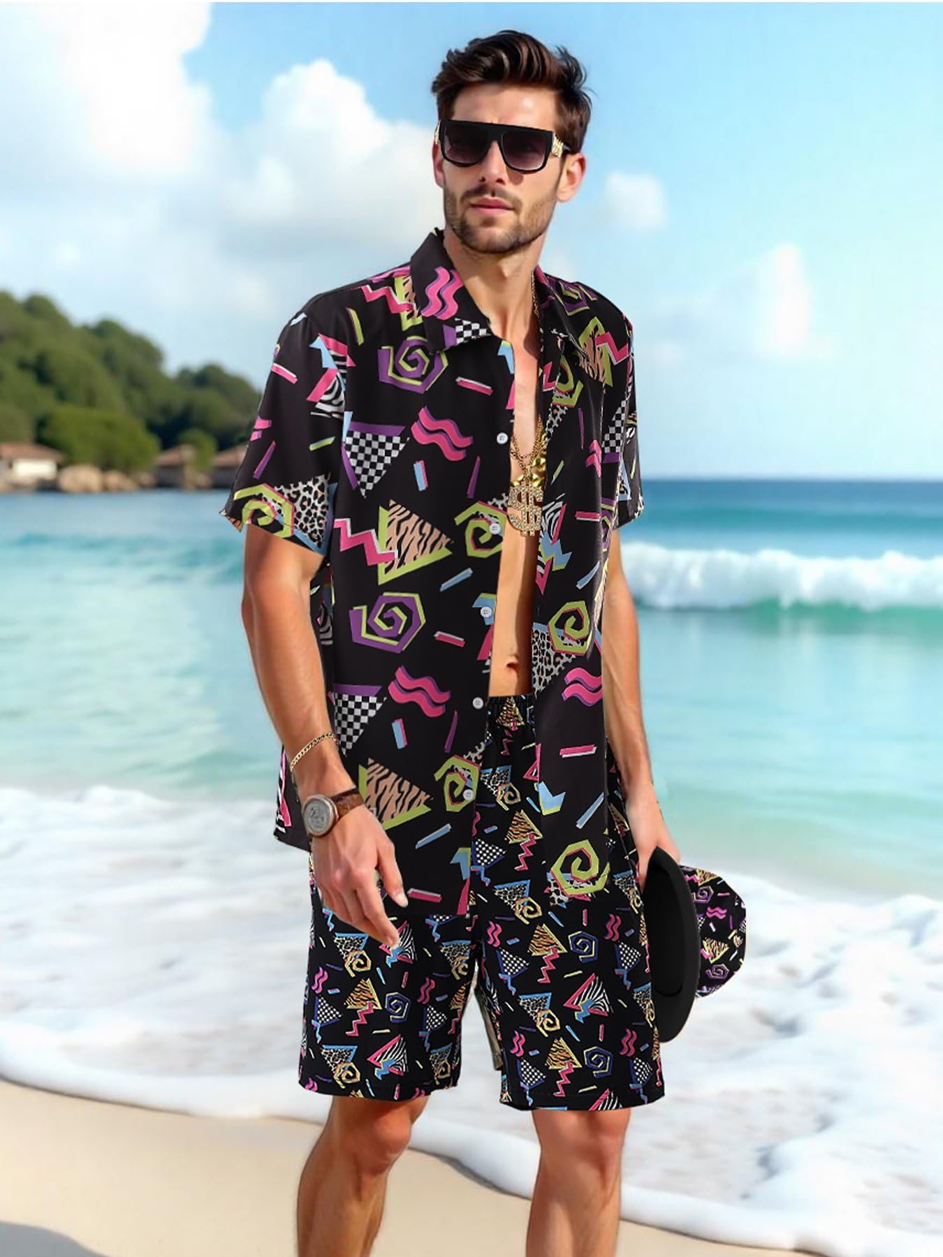 80s 90s Outfit for Men Hip Hop Costume Button Up Blouse Tops Disco Retro Theme Party Outfit Hawaiian Vintage Black-XL - Image 2