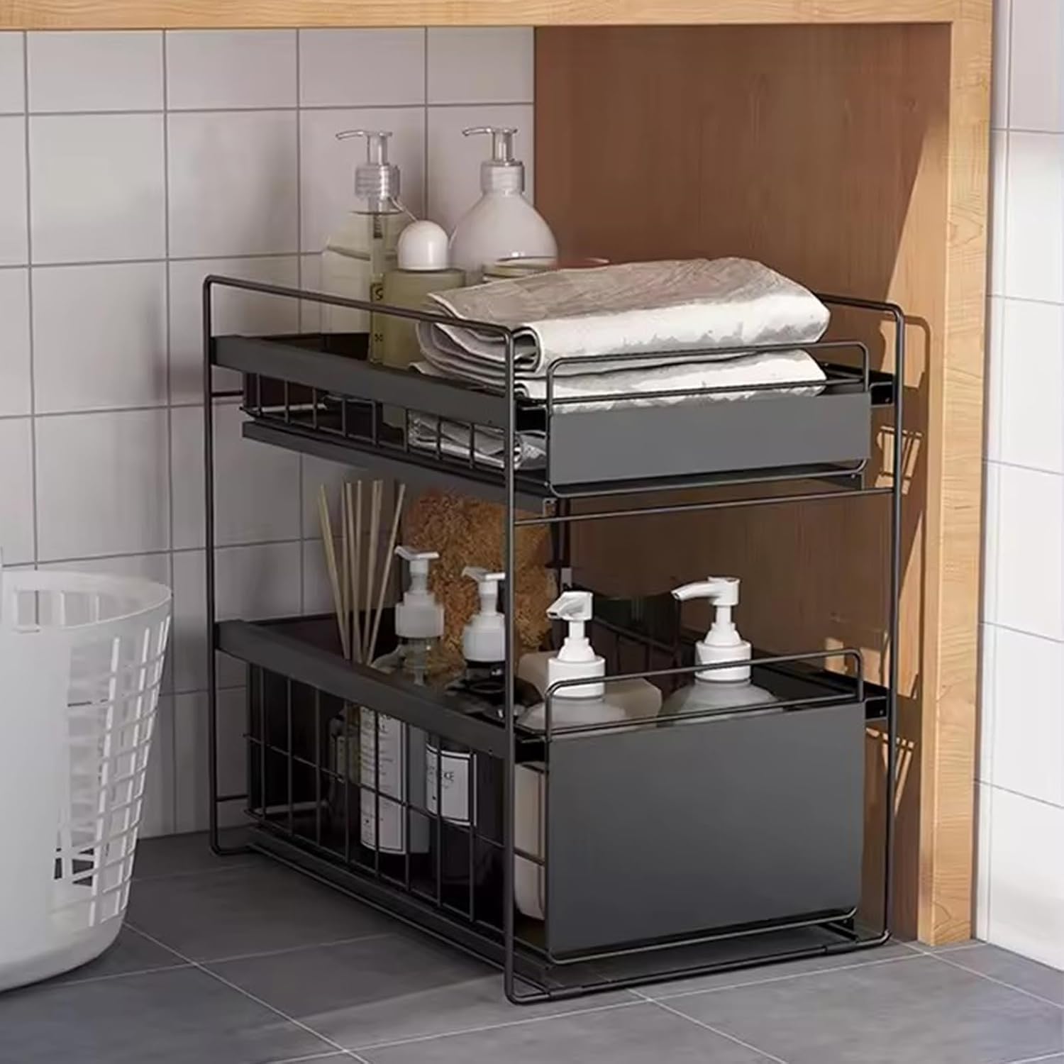 Teleskopowy organizer do szafek 2-poziomowy organizer pod zlewozmywak Organizery i schowki pod zlewozmywak do kuchni i łazienki Bez wiercenia(Black,22.3x40.5x39.5cm)