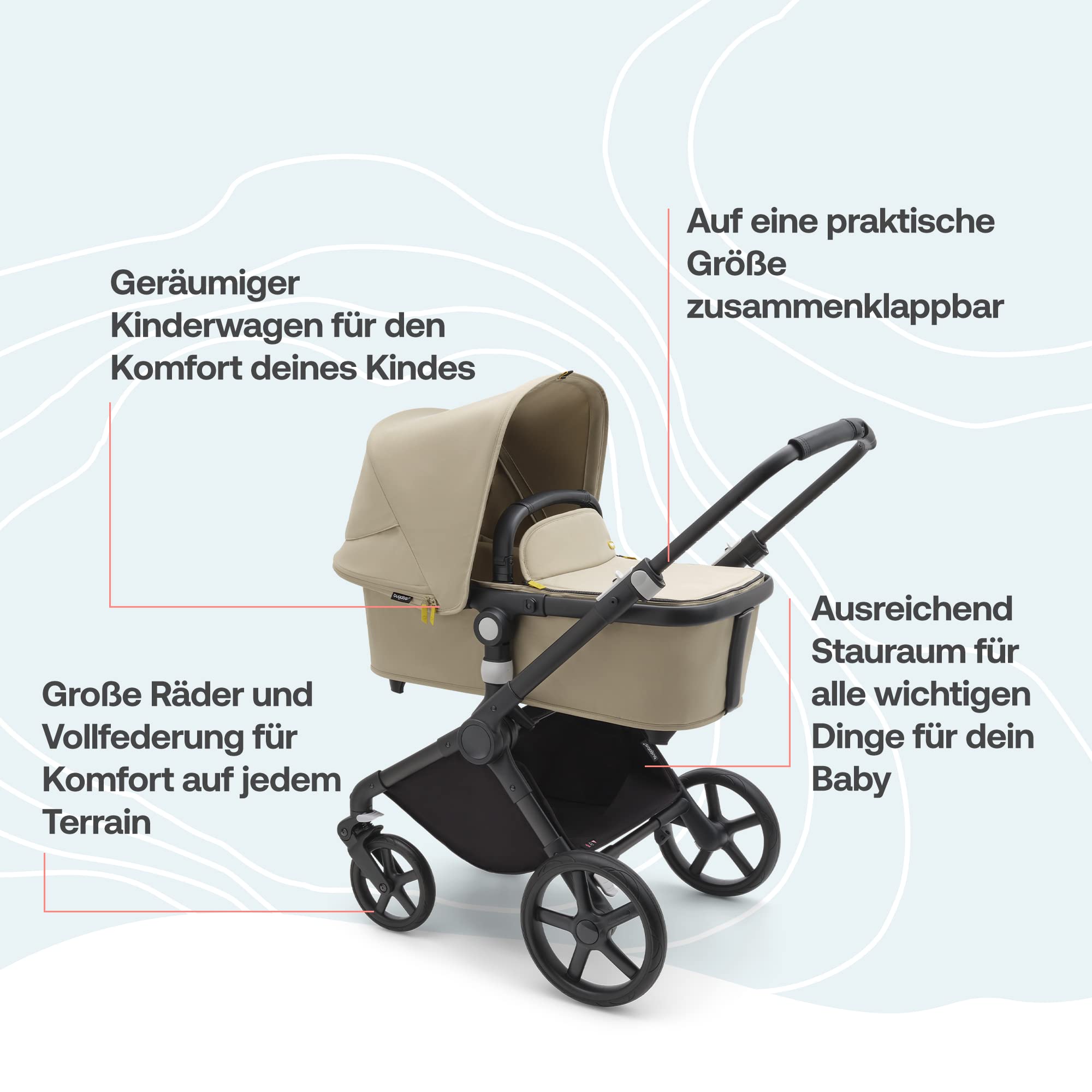 Bugaboo Fox Cub Kinderwagen für jedes Gelände, leichter stabiler Kinderwagen, strapazierfähiges Design, extragroßes Sonnendach, selbststehend faltbar, Desert Beige