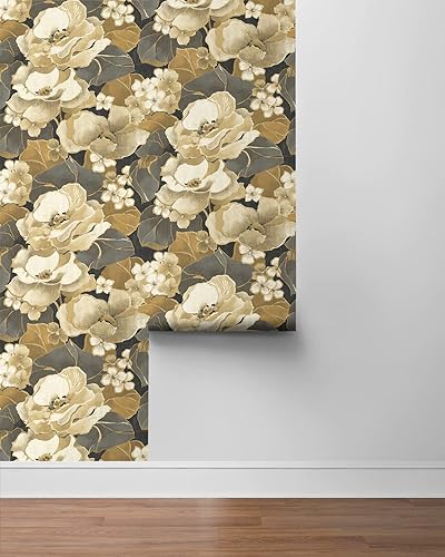 Miniatura 6 de NextWall Nouveau - Papel tapiz floral para despegar y pegar ébano y oro antiguo