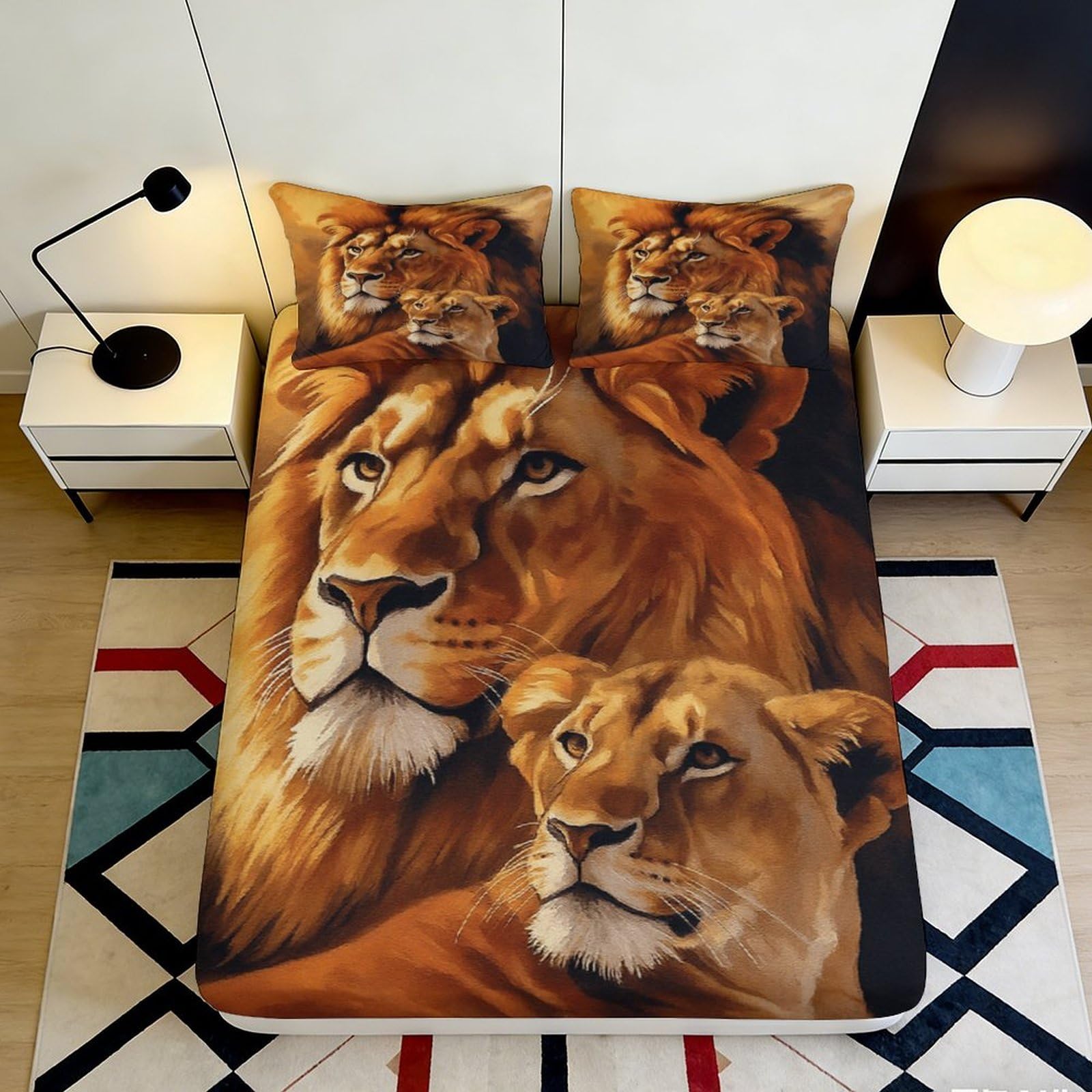 3D Printed Lion Family Fitted Sheet Microfiber Soft Brown Animal Bed Cover for Bedroom Guest Room Home Decor 90x200x25cm