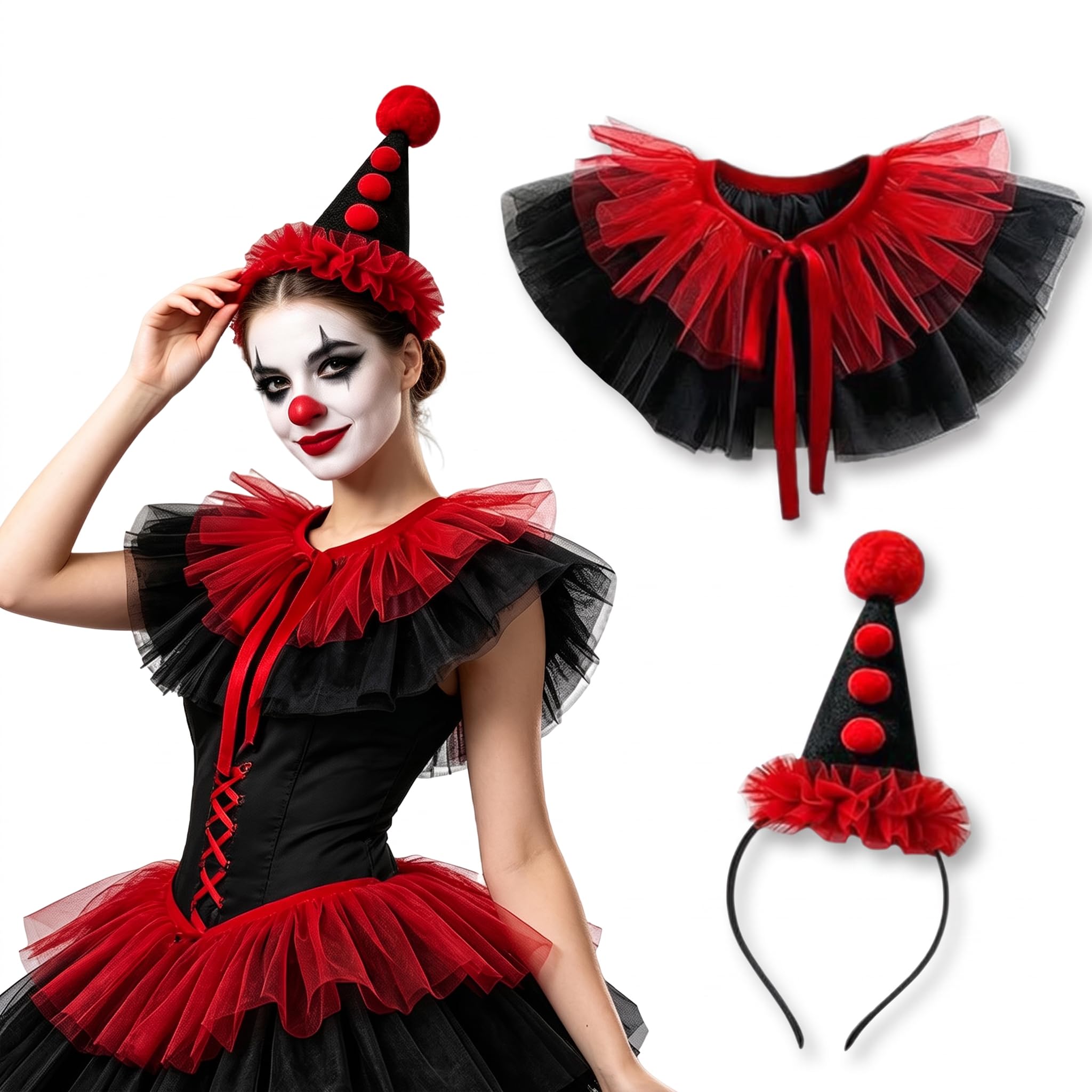 FYKTIK 2 Piece Clown Costume Women Accessories Set, Clown Hat Headband and Neck Ruffle Collar, Halloween Fancy Dress Accessories for Carnival, Christmas, Cosplay and Fancy Dress Parties, Red — image 1