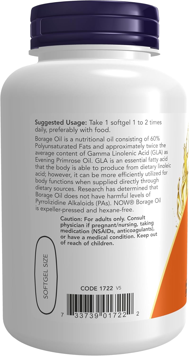 NOW Foods Supplements, Borage Oil 1000 mg with 240mg of GLA (Gamma Linolenic Acid), 120 Softgels
