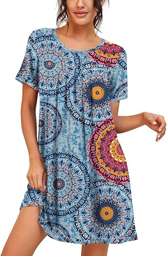 PrinStory Nightgowns for Women Short Sleeve Night Gowns | Knee Length Nightgown,Pleated Sleep Shirts,Breathable and Stretchy Fabric,Soft Sleep Dress