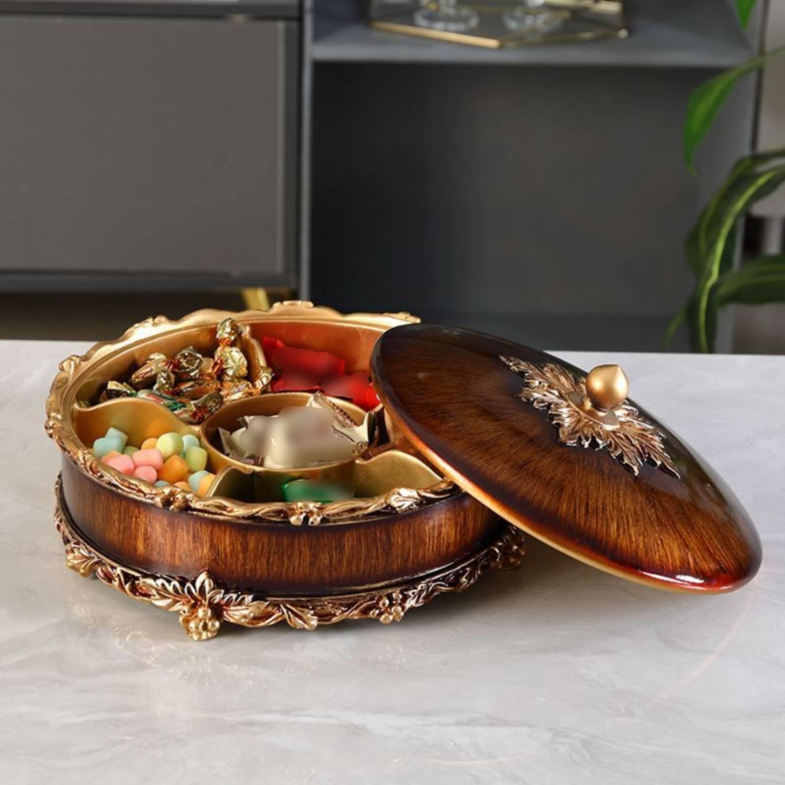 KESOTO Bandeja Industrial Servidor Dividida Contenedor Snacks Decorativa Resina con Compartimentos y Acabado Brillante Sala Mesa, Doble Capa, Tres Compartimentos, Grano De Madera Amarillo