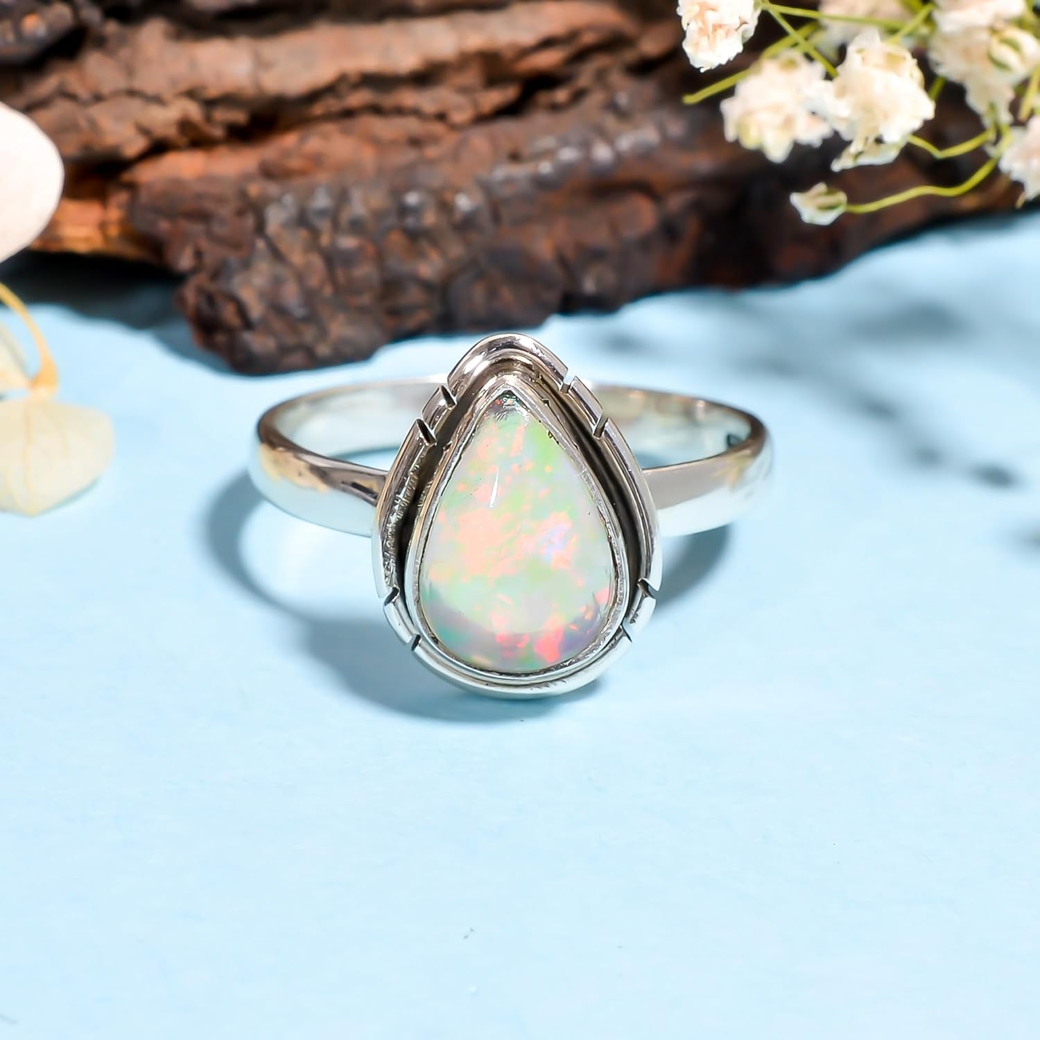 Natural Ethiopian Opal Ring for Women 925 Sterling Silver Pear Shape Handmade Fire Statement Jewelry Gift for Her