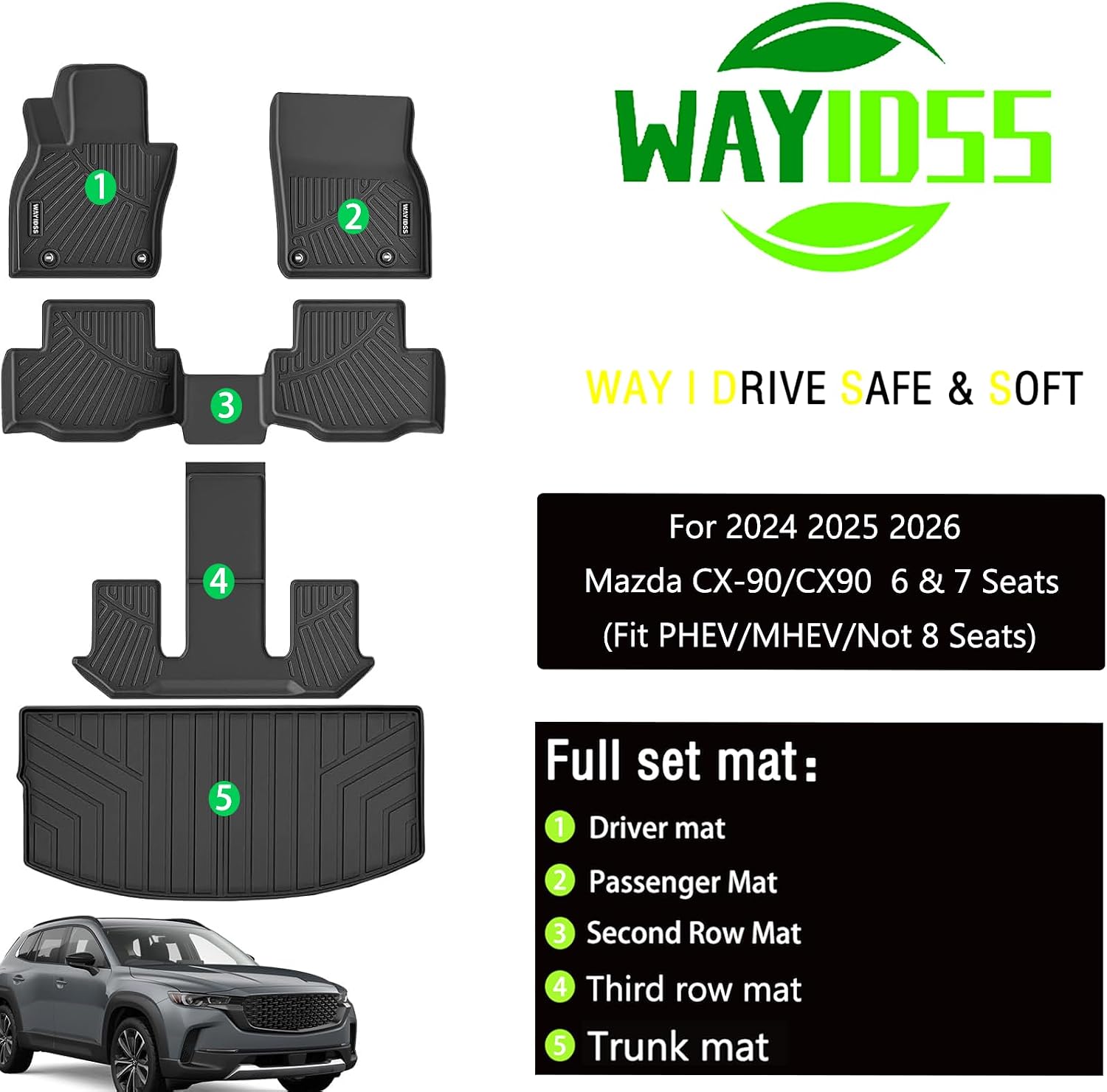 All Weather Floor mat for 2026 2025 2024 Mazda CX-90 6&7 Seats (Fit PHEV/MHEV) TPE Rubber Liners CX90 Odorless Anti-Slip Car Floor Liners-1st & 2nd & 3rd Row & Cargo Mat Full Set