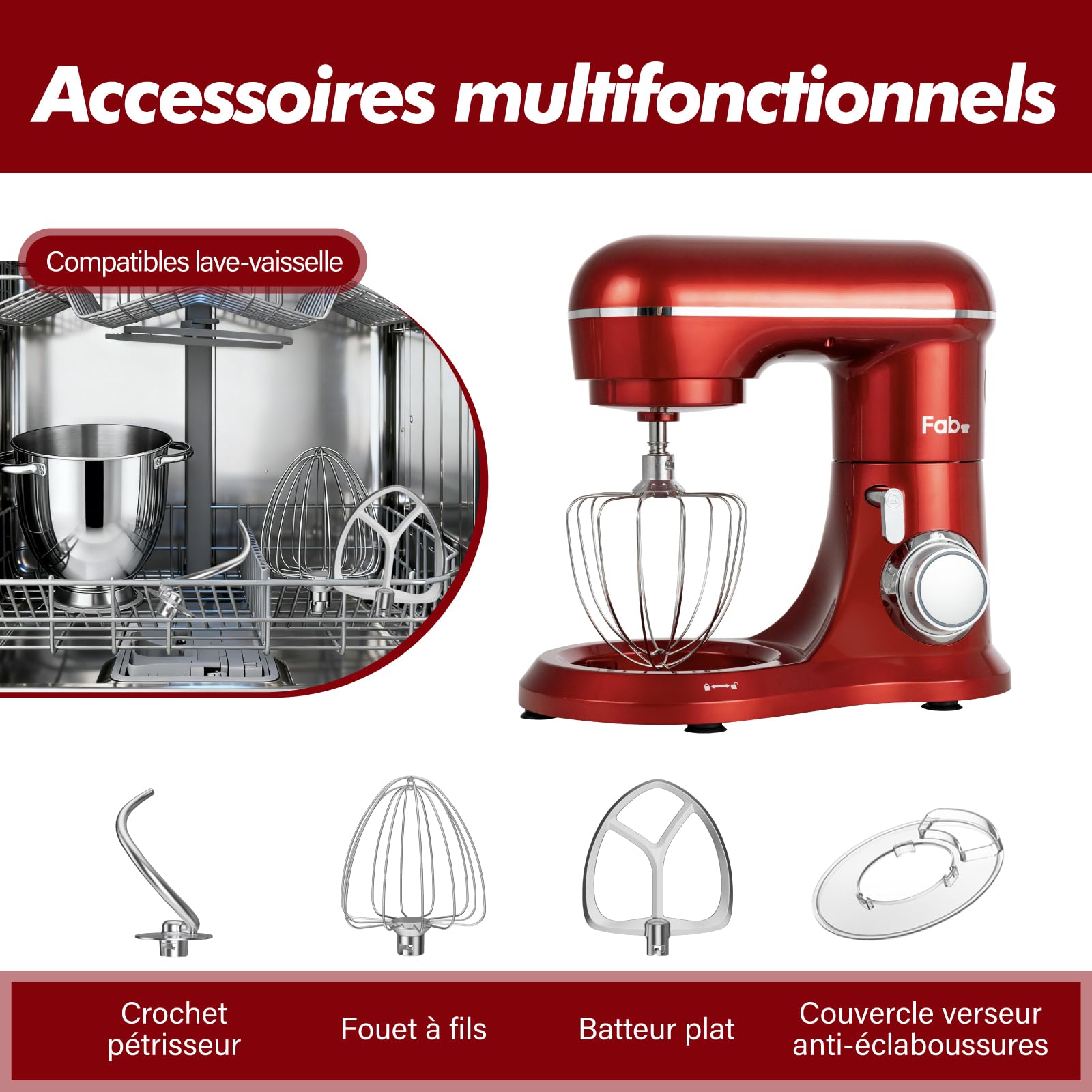 Robot Patissier, Kitchen in the box 6L Batteur Electrique Cuisine, Pétrin Professionnel 1300W avec Fouet, Batteur et Crochet Pétrisseur, 10+P Vitesses