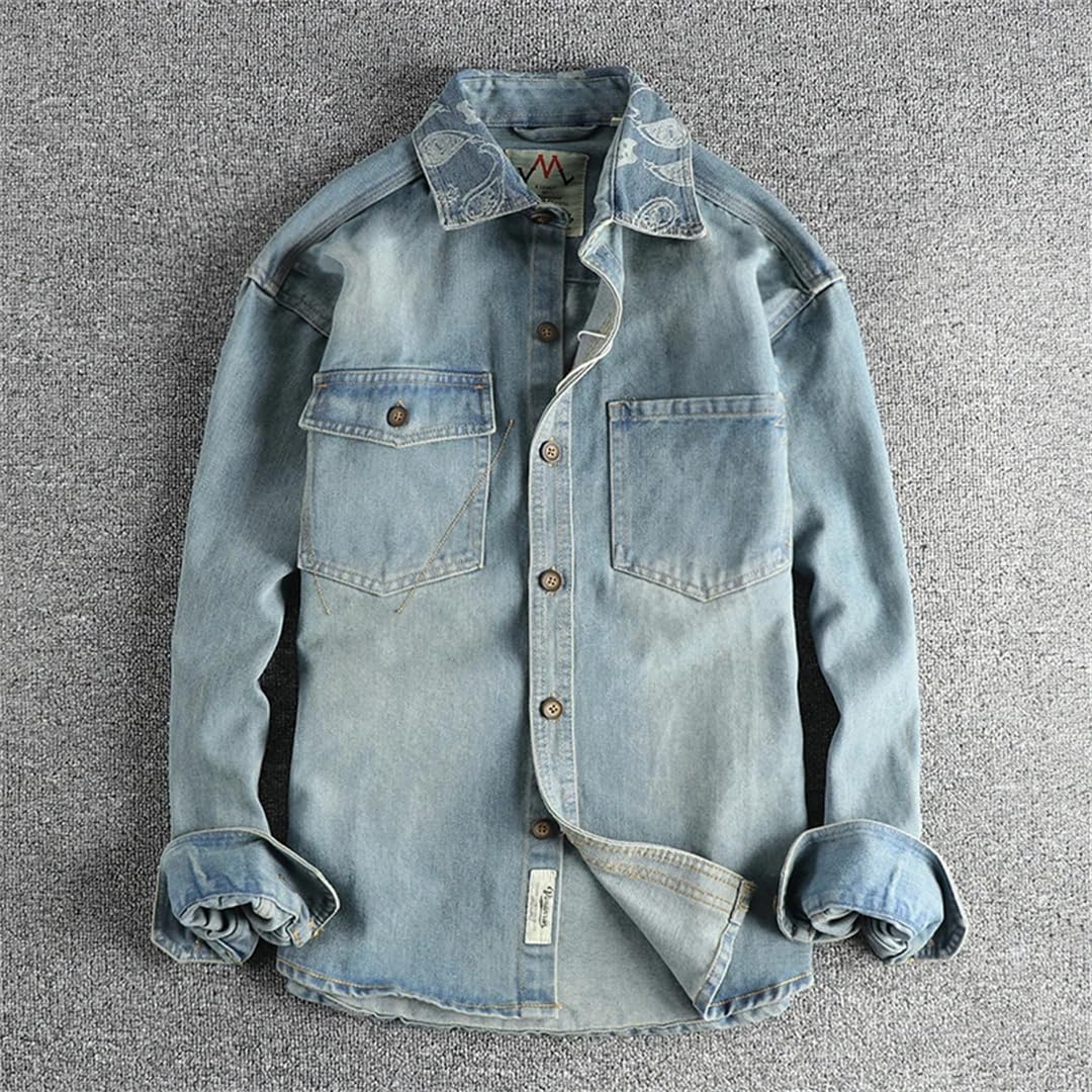Męski ciężki kołnierz kwiat nerkowca haft design sens brytyjski vintage denim koszula trend płaszcz