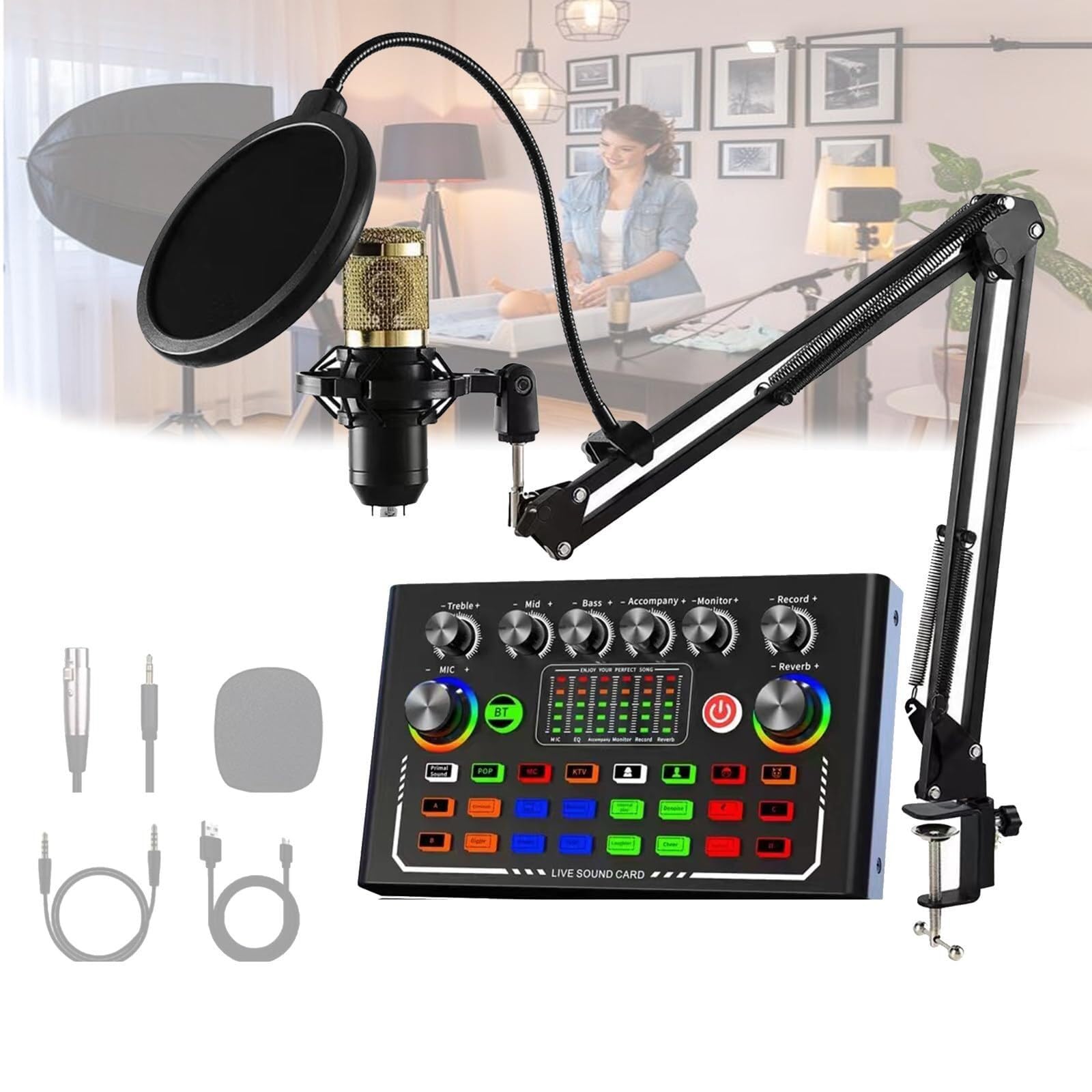 Mixer audio for giochi, bundle di apparecchiature for trasmissioni in diretta, Bluetooth, 10 effetti sonori, 6 modalità, riduzione intelligente del rumore, scheda audio live plug-and-play(Combo1)