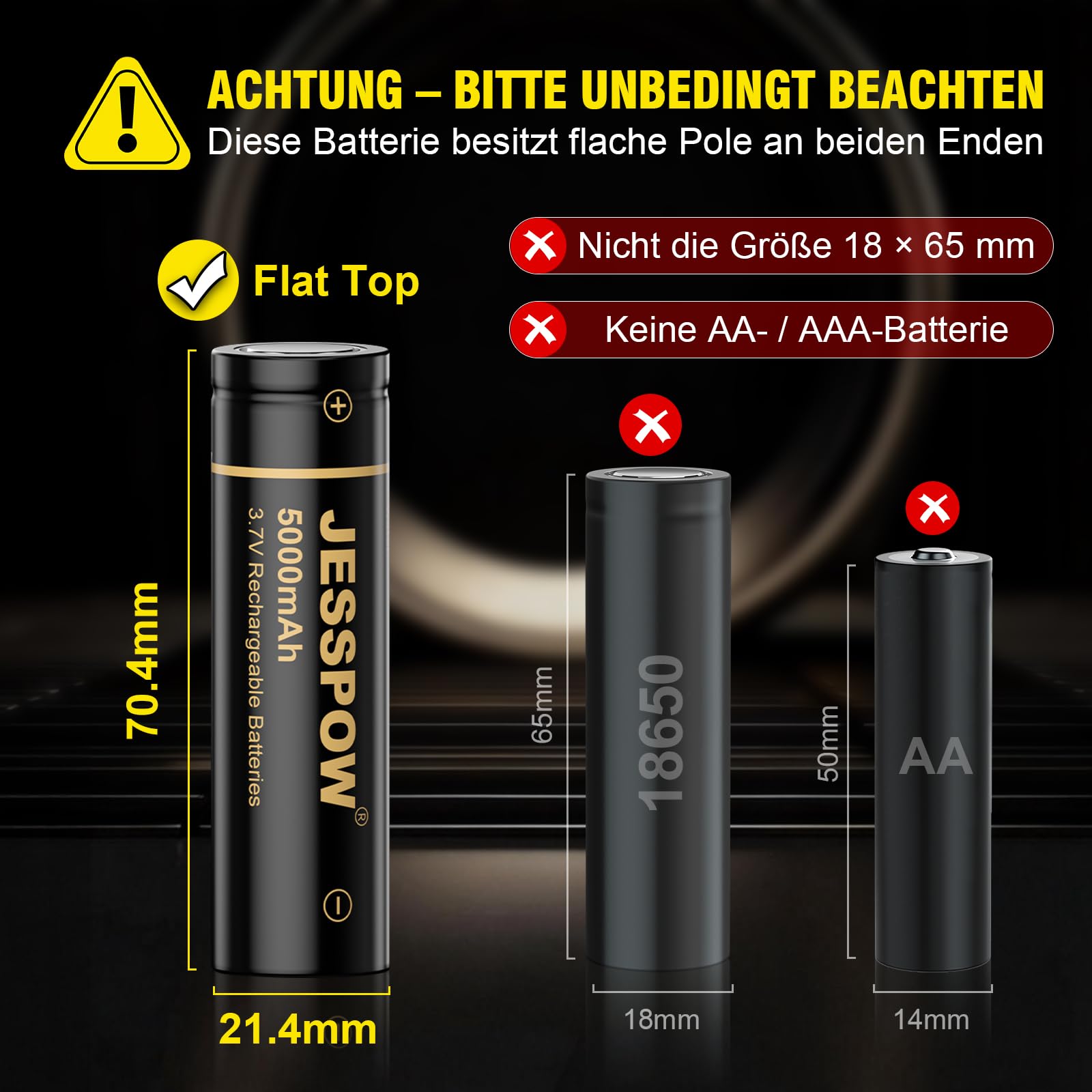 3,7 Volt 21 x 70 wiederaufladbare Akku 2 Stück, Flat-Top 3.7 V Batterie Lange Lebensdauer, für Taschenlampen, Stirnlampen (21 x 70 mm)
