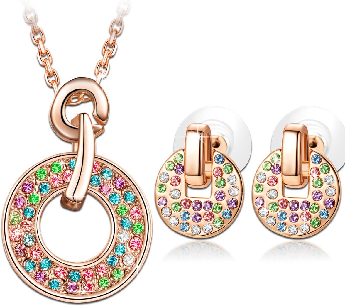 "Rainbow" Concentric Circle Women's Jewelry sets Multicolored SWAROVSKI Crystals Rose Gold Plated Pendant Earrings Statement Set