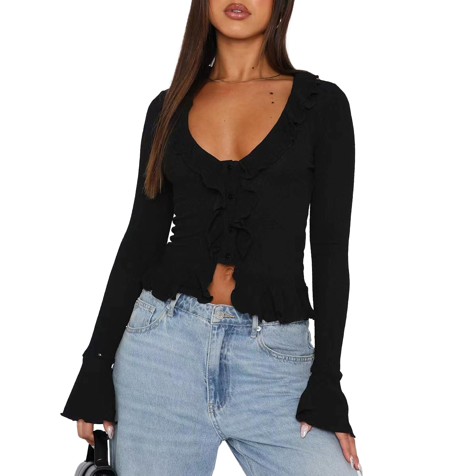 Photo 1 of ABYOVRT Women Going Out Tops Ruffle Trim Button Front V Neck Flared Sleeve Shirt Y2k Crop Top (M,B-Black)