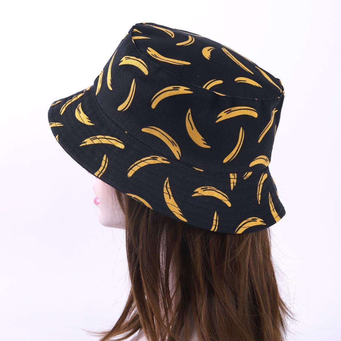Unisex Print Double-Side-Wear Reversible Bucket Hat (Banana Black)