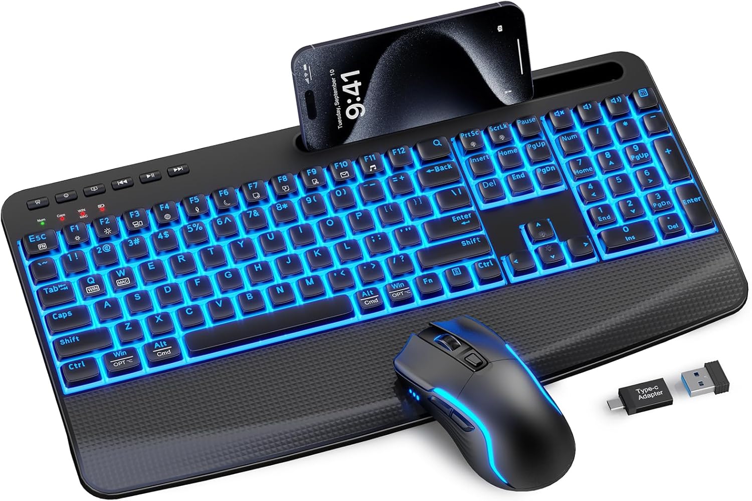 SABLUTE Wireless Keyboard and Mouse Combo, Rechargeable 4000mAh Light up Quiet Keyboard with Wrist Rest & Phone Holder, Ergonomic Silent Typing for PC/Mac/Laptop/Windows/Chrome OS Black