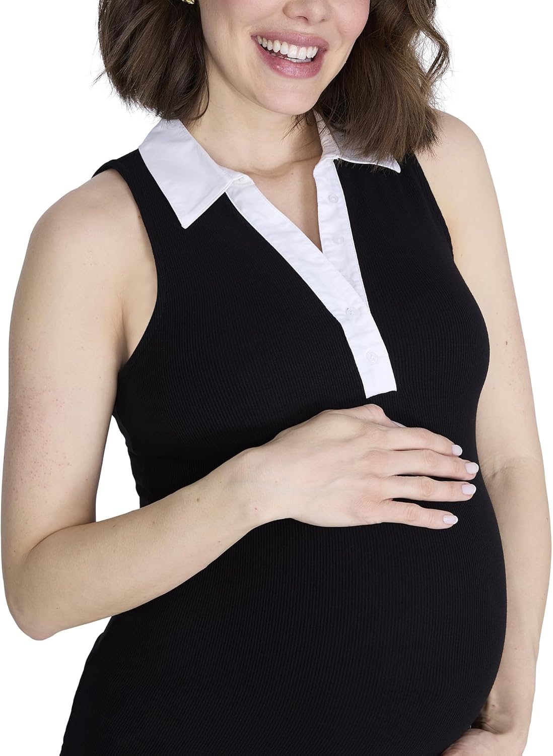 Motherhood Maternity Women's Sleeveless Rib Knit V-Neck Polo Pregnancy Top
