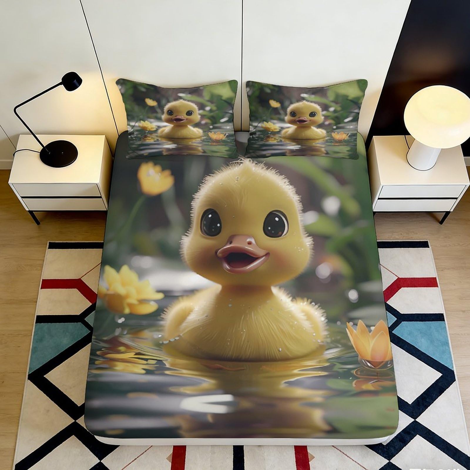 3D Printed Cute Duck Fitted Sheet Microfiber Soft Yellow Cartoon Pond Bed Cover for Bedroom Dorm Home Decor 90x200x25cm